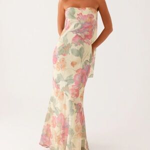 Peppermayo Strapless Floral Maxi Dress in Cream, Pink & Green